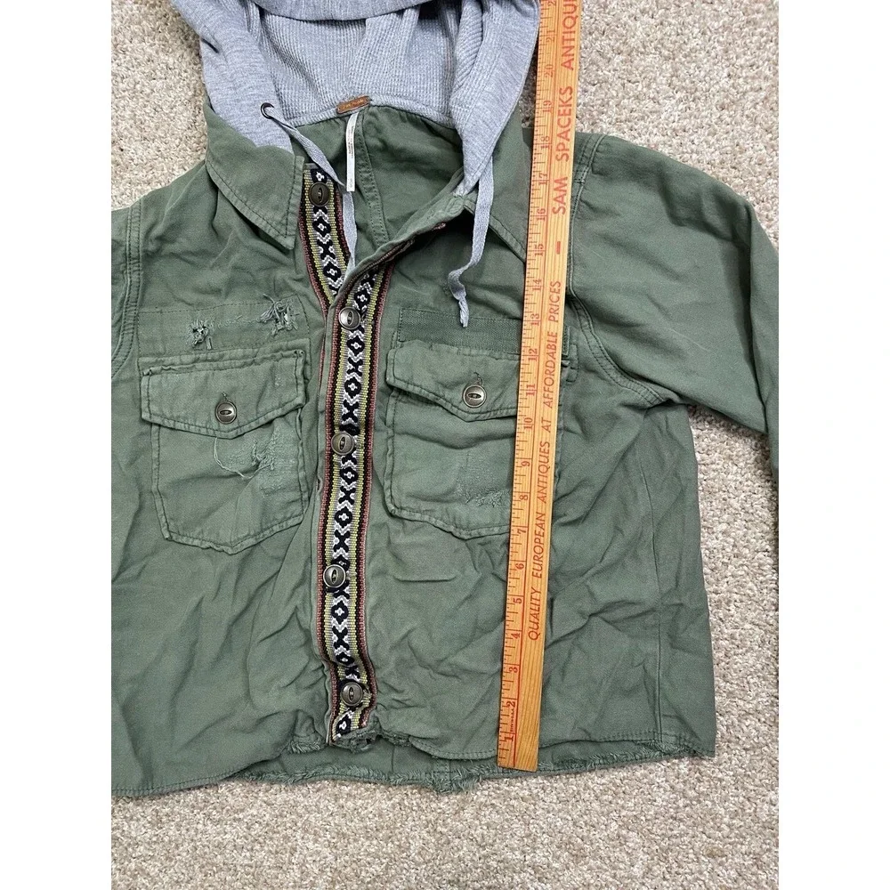 Free People Women's S Olive Utility Hooded Jacket Distressed Cotton Boho